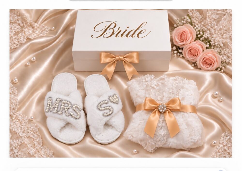 Personalized Bridal Gift Box – Lace Bride Robe, MRS Slippers & Wedding Gift